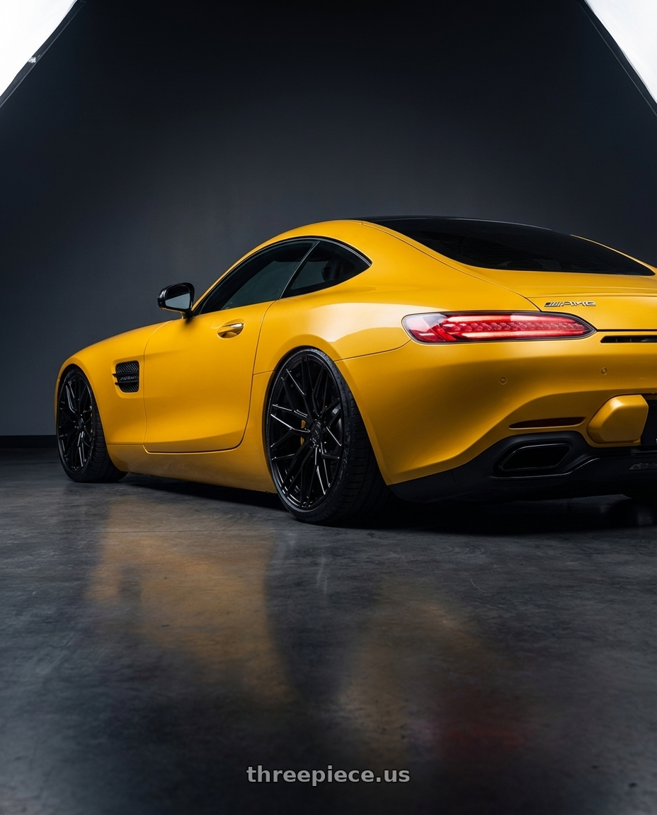 2019 Mercedes-Benz AMG GT with Avant Garde Wheels M520R 5X112 20x10 +25 Gloss Black wheels rear three quarter view slight stretch tires