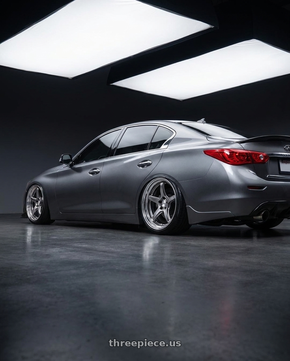 2015 INFINITI Q50 with Work T5R 2P 5x114.3 19x10.5 +0 GT SILVER wheels rear three quarter view slight stretch tires