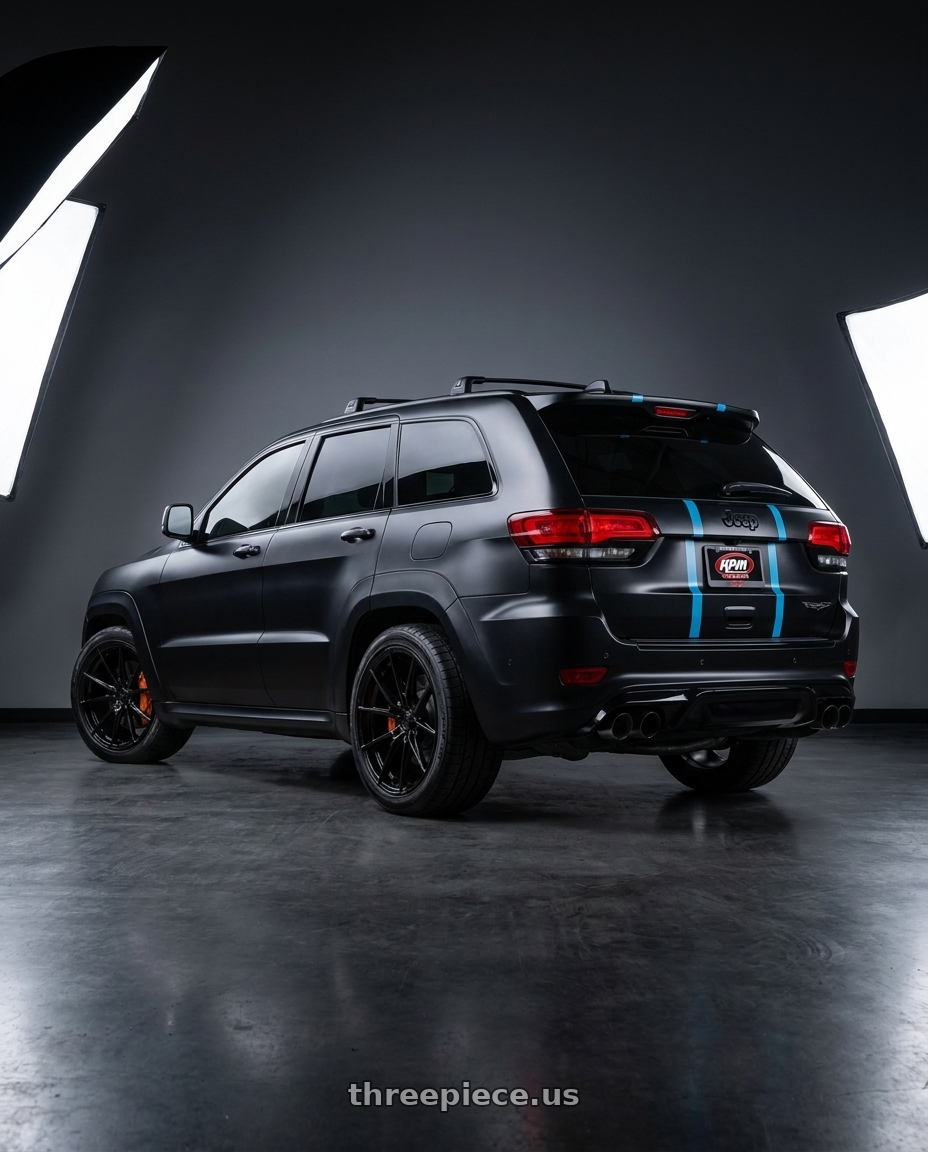 2018 Jeep Grand Cherokee Trackhawk with Axe EX40 5x127 22X10.5+25 GLOSS BLACK wheels rear three quarter view square tires