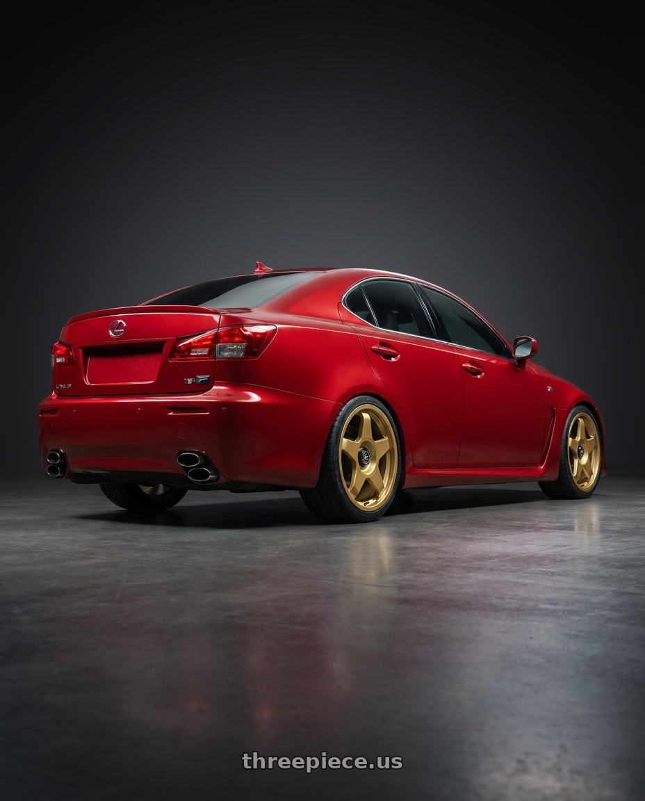 2012 Lexus IS-F with fifteen52 CHICANE 5x114.3 / 5x120 19x8.5 +35 GOLD (GLOSS GOLD) wheels rear three quarter view square tires