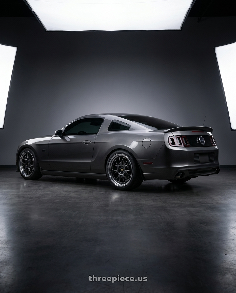 2014 Ford Mustang GT with BBS LM-R 5x114.3 19x9.5+38 Diamond Black wheels rear three quarter view square tires