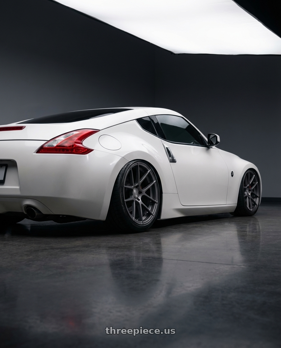 2019 Nissan 370Z with Avant Garde Wheels M510 5X114.3 19x9.5 +40 Dolphin Grey wheels rear three quarter view slight stretch tires