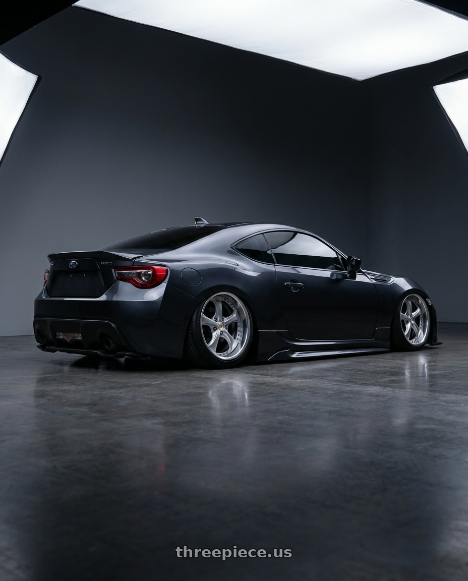 2020 subaru Brz with Work Wheels VS-KF 5x100 18x9.5+21 Light Grey Silver A Disk FULL REVERSE wheels rear three quarter view slight stretch tires