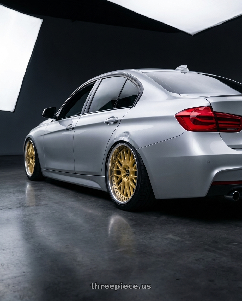 2017 BMW 340I with Work Vs-Xx 5x120 18x9.5+45 A Disk Gold wheels rear three quarter view square tires