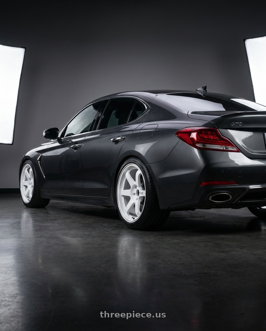 2019 Genesis G70 with Volk Racing TE37 ULTRA LARGE PCD 5x150 20x9.5+0 Dash White wheels rear three quarter view slight stretch tires