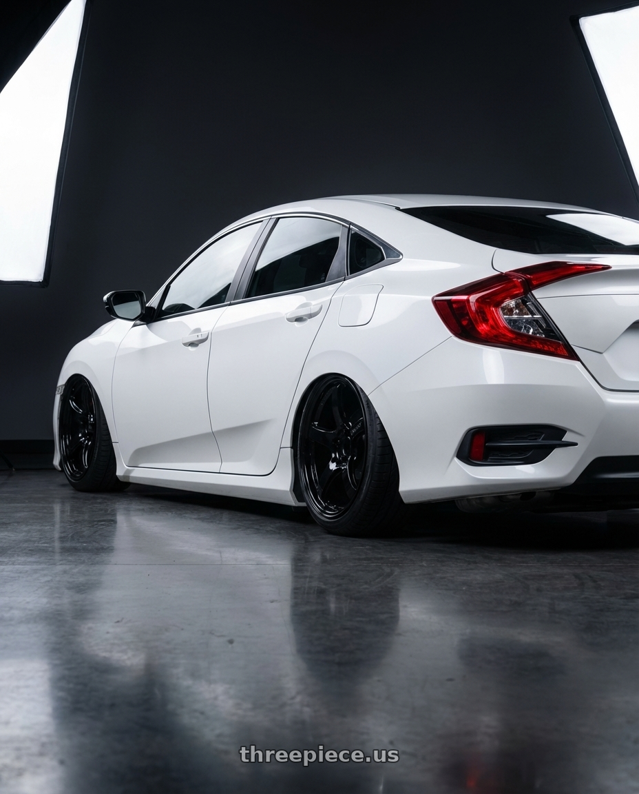 2019 Honda Civic with Gram Lights 57CR 5x114.3 19x10.5+12 Glossy Black wheels rear three quarter view slight stretch tires