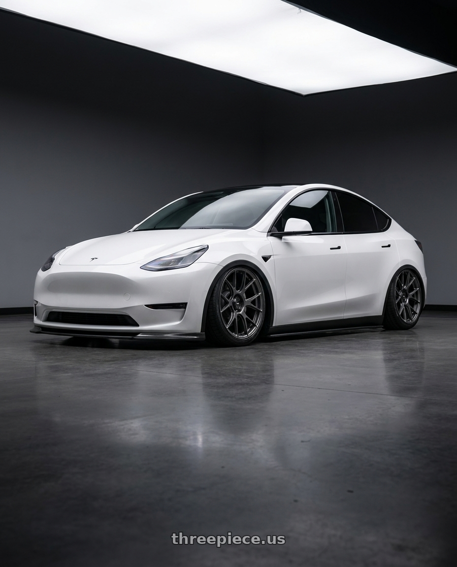 2025 Model Y White with Konig Ampliform 5x114.3 19x9.5+35 Dark Metallic Graphite wheels