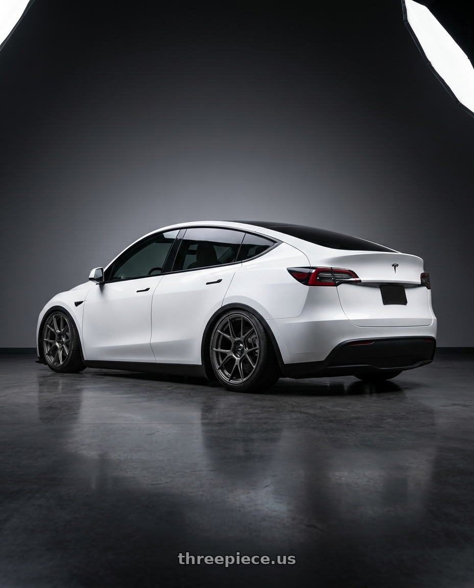 2025 Model Y White with Konig Ampliform 5x114.3 19x9.5+35 Dark Metallic Graphite wheels rear three quarter view slight stretch tires