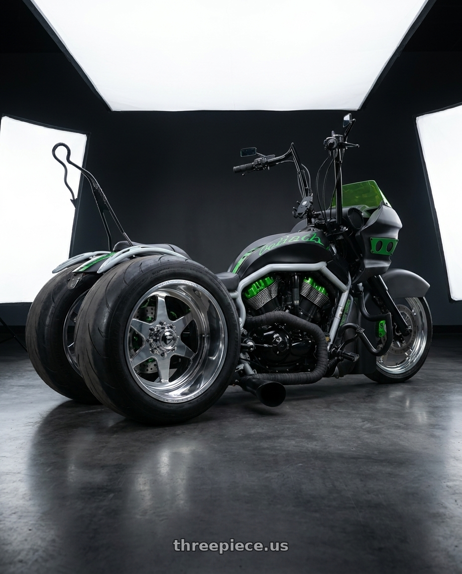 2002 custom trike with Fuel Forged FF115 5x127 20x10 -25 POLISHED wheels rear three quarter view excessive tires
