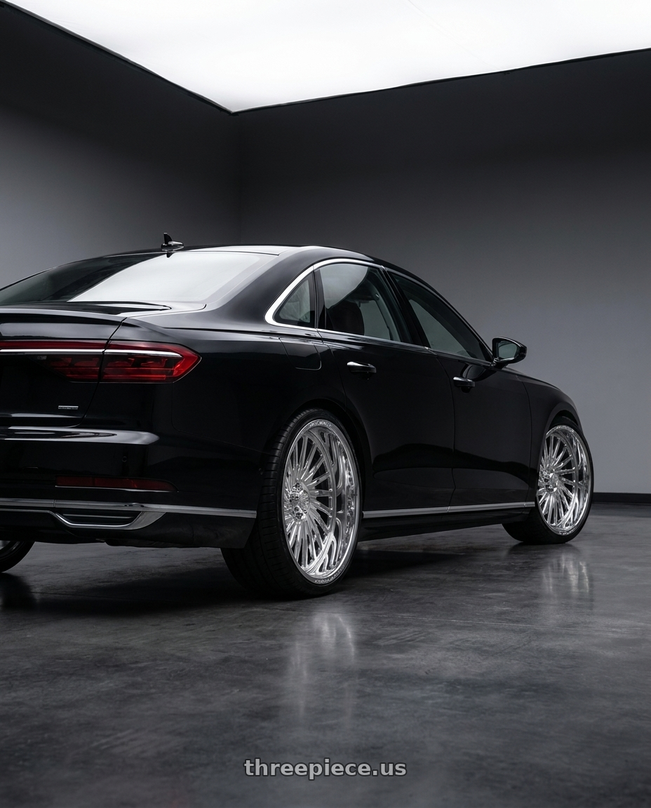 2019 Audi a 8 with Amani Cultura-R blank 8x 24x14 -76 Polished wheels rear three quarter view square tires