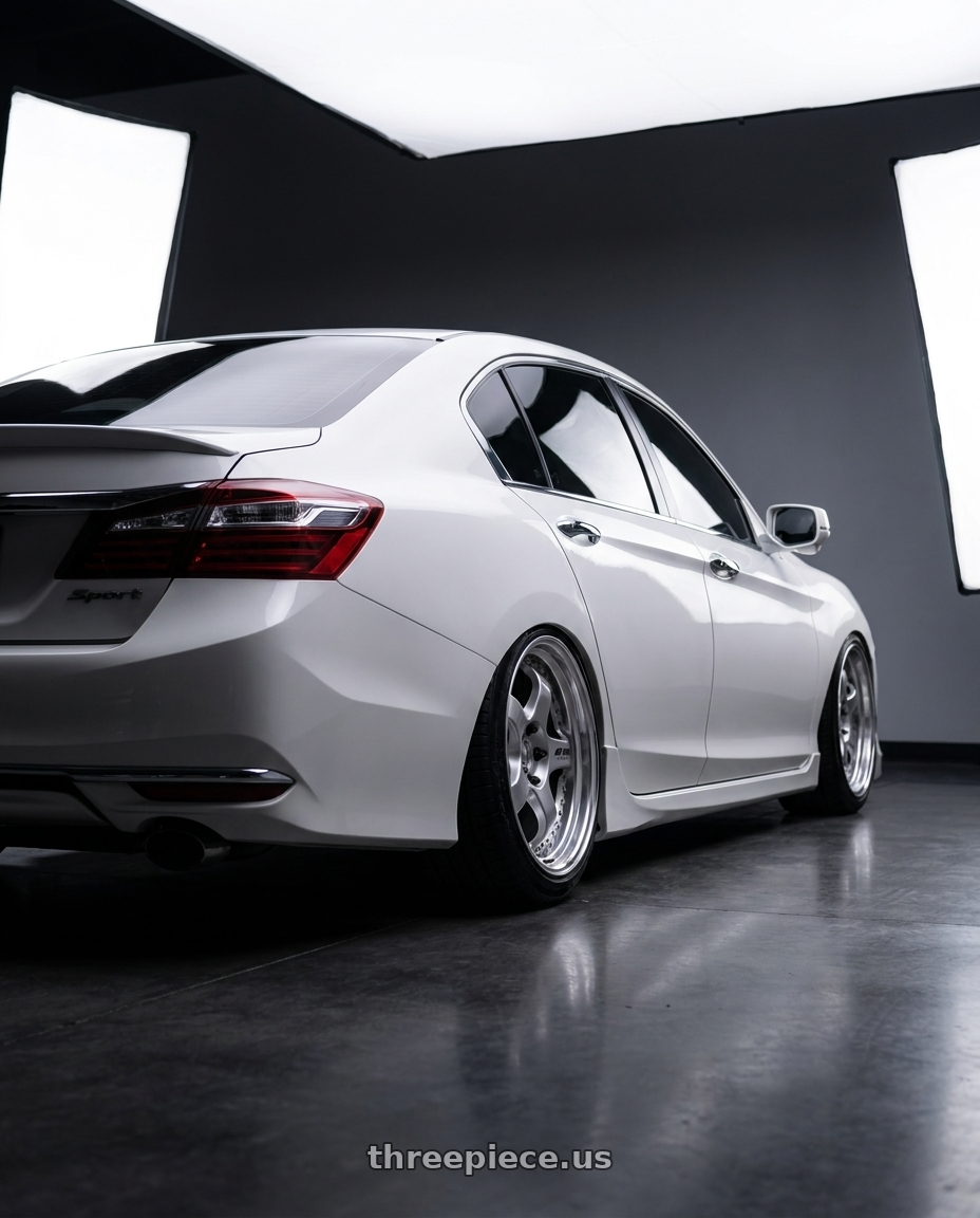 2016 Honda accord with Work Meister S1 3P 5x114.3 18x7+48 A Disk Silver wheels rear three quarter view slight stretch tires