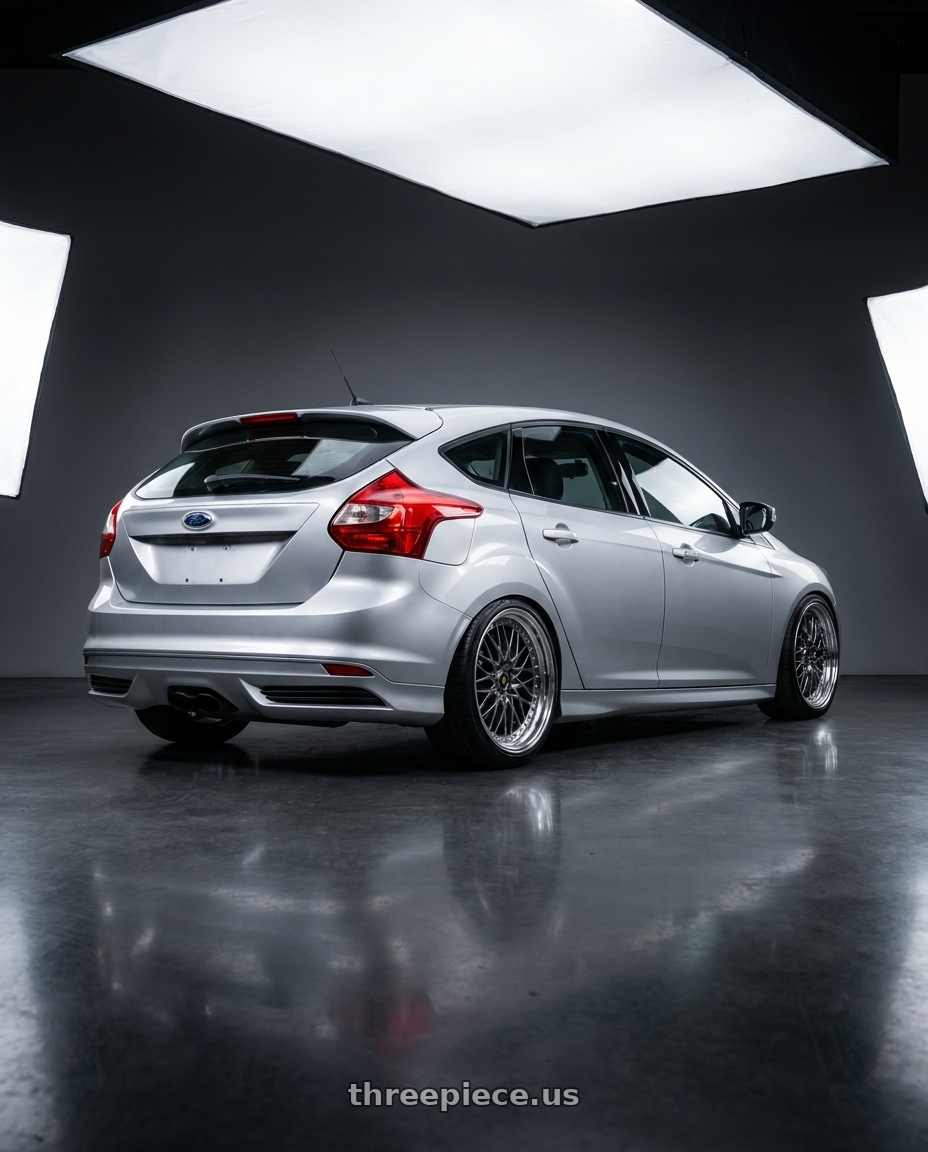 2014 ford focus mk3 1.6 silver with Work Vs-Xv 5x108 19x8.5+47 A Disk Brilliant Silver Black wheels rear three quarter view slight stretch tires