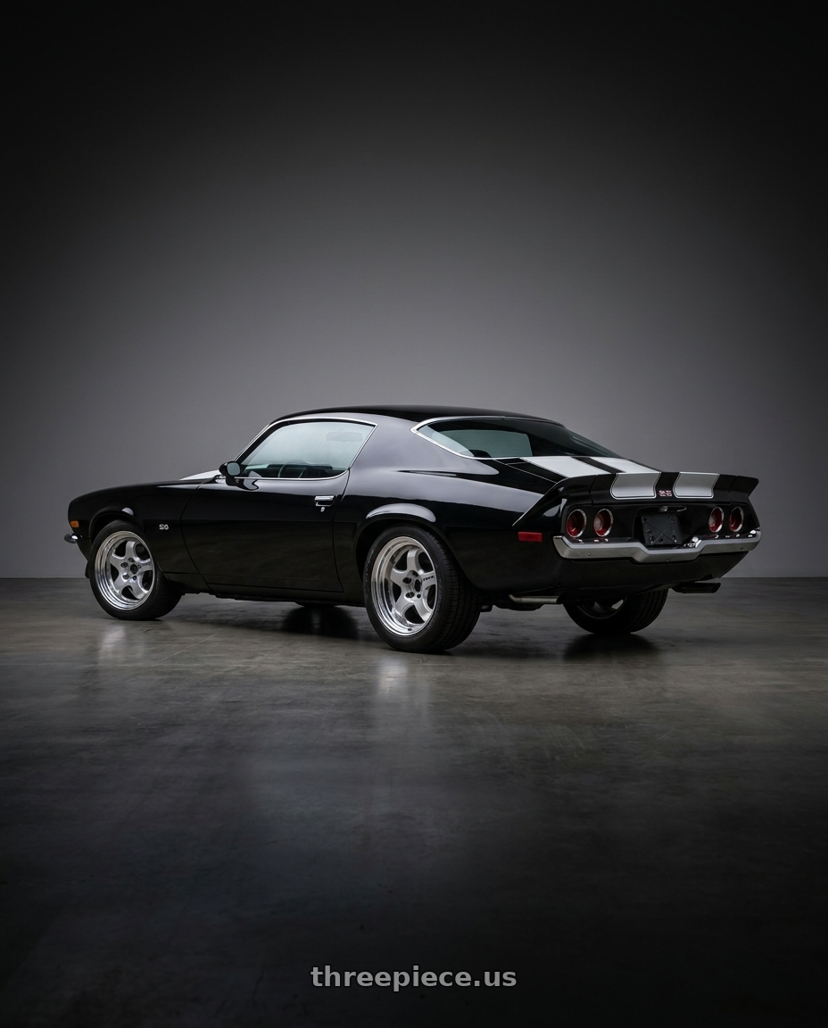 1971 Chevrolet Camaro with Work Meister S1 2P 5x114.3 15x7.5+22 R Disk Silver wheels rear three quarter view square tires