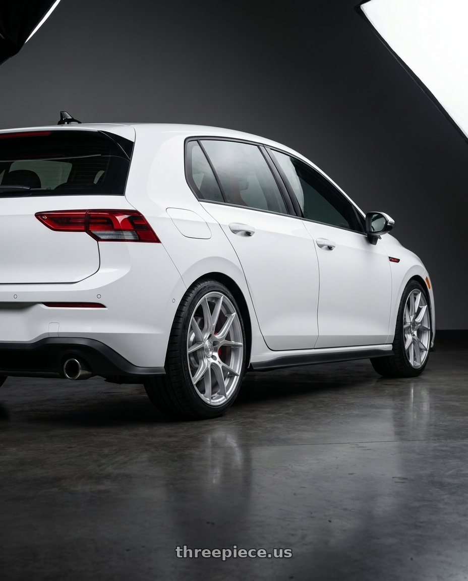 2025 Volkswagen gti with Aodhan AH-11 5x112 18x8.5+35 Gloss Silver Machined Face wheels rear three quarter view square tires