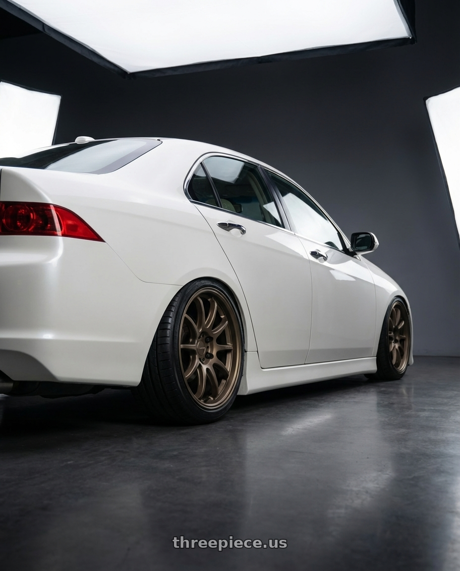 2006 Acura Tsx with Work Emotion D9r 5x100 18x8.5 +32 Matte Bronze wheels rear three quarter view square tires