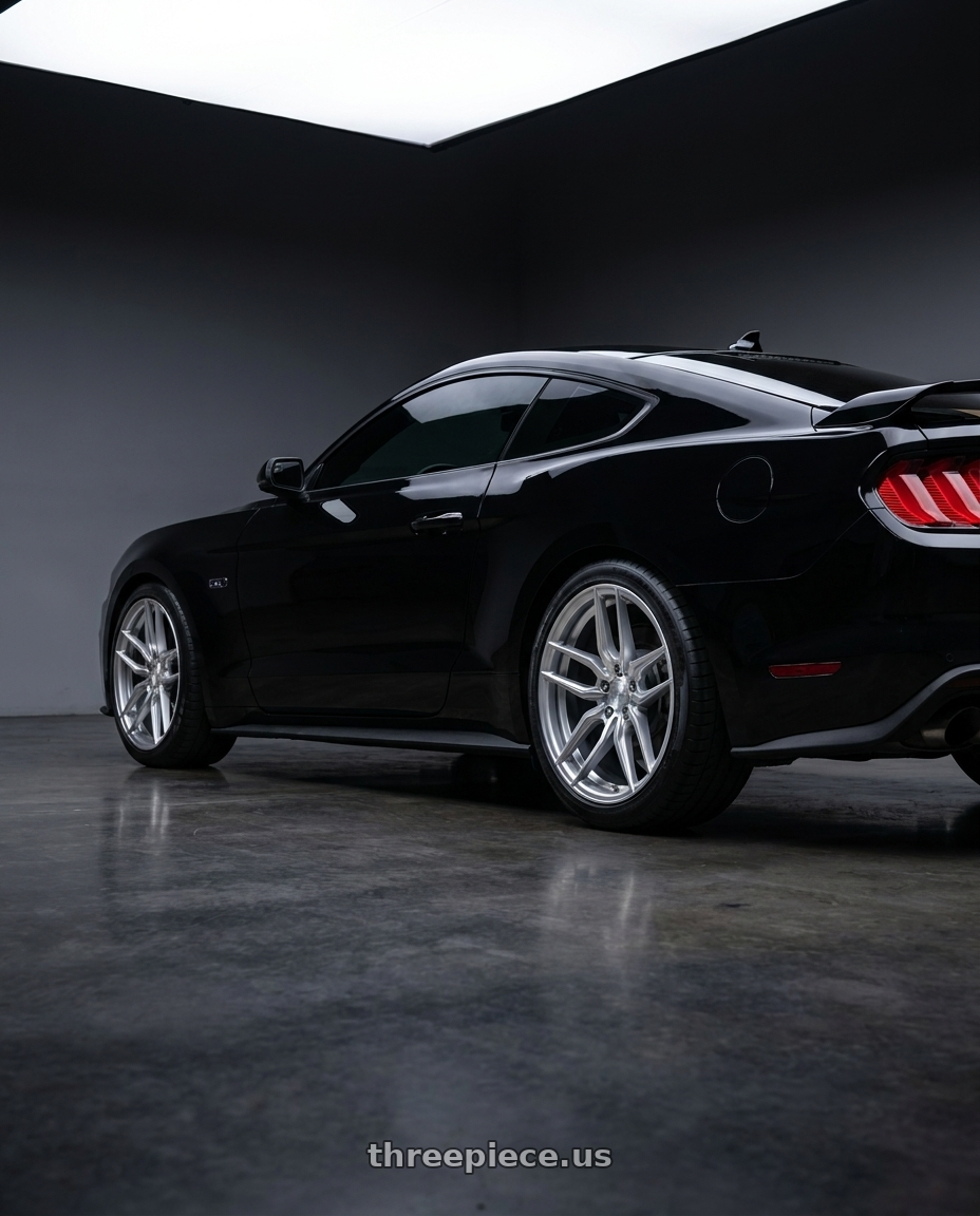 2022 ford mustang gt with Rohana RFX19 5x112 20x9 +35 Machine Silver wheels rear three quarter view square tires