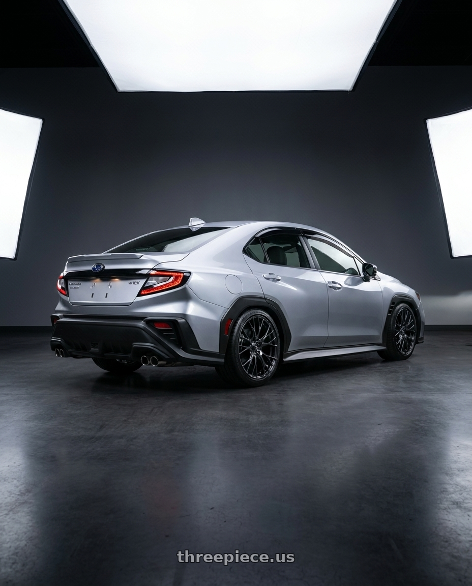2026 Subaru, Wrx Limited, Ice Silver Metallic with WedsSport SA-20R 5x114.3 19x9.5+48 Metal Black wheels rear three quarter view slight stretch tires