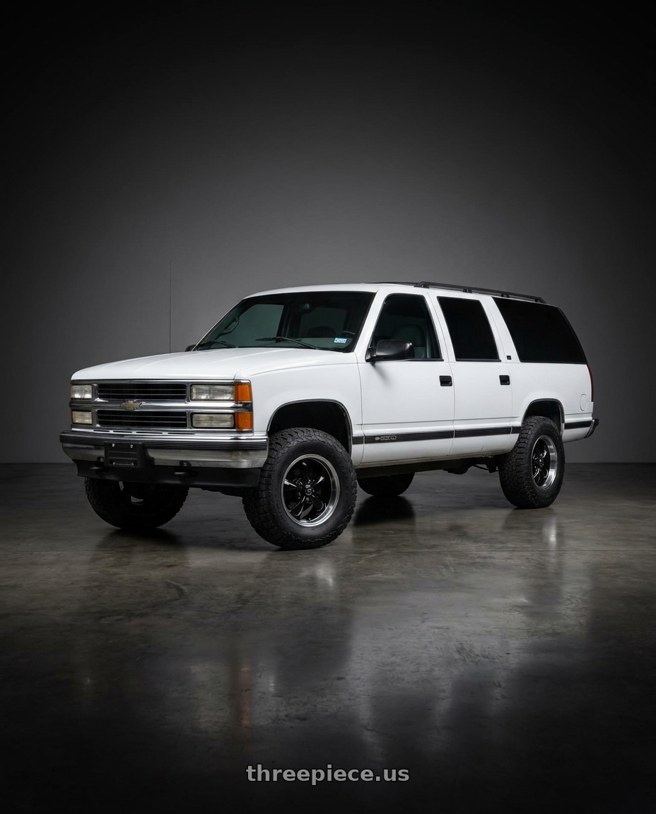 1997 Chevy Suburban C1500 with American Racing AR105 TORQ THRUST M 5X100 16X7 +35 GLOSS BLACK W/ MACHINED LIP wheels