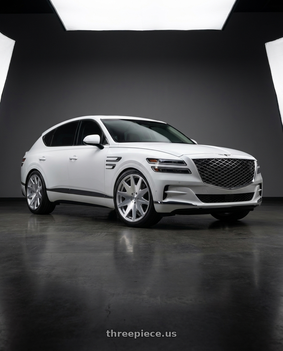 2027 Genesis GV80 with MRR HR3 5x114.3 22x9  +20 Silver Machine Face wheels front three quarter view lowered stance