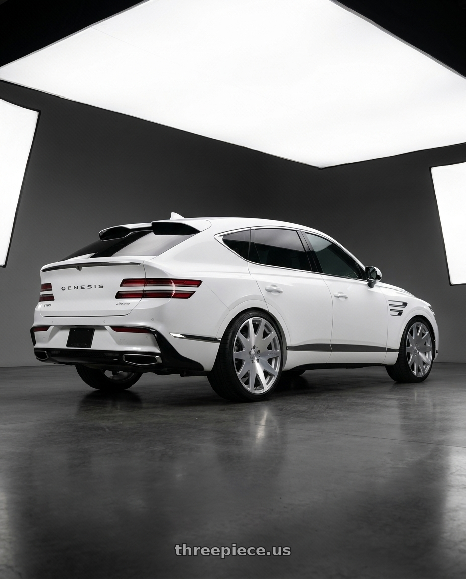 2027 Genesis GV80 with MRR HR3 5x114.3 22x9  +20 Silver Machine Face wheels rear three quarter view slight stretch tires