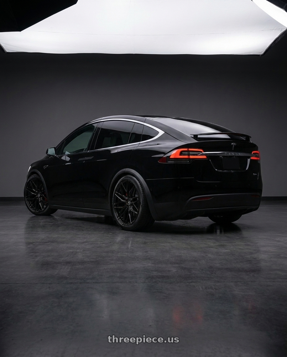 2018 TESLA MODEL X with Rohana RFC3 5x120 19x8.5 +35 Gloss Black wheels rear three quarter view slight stretch tires