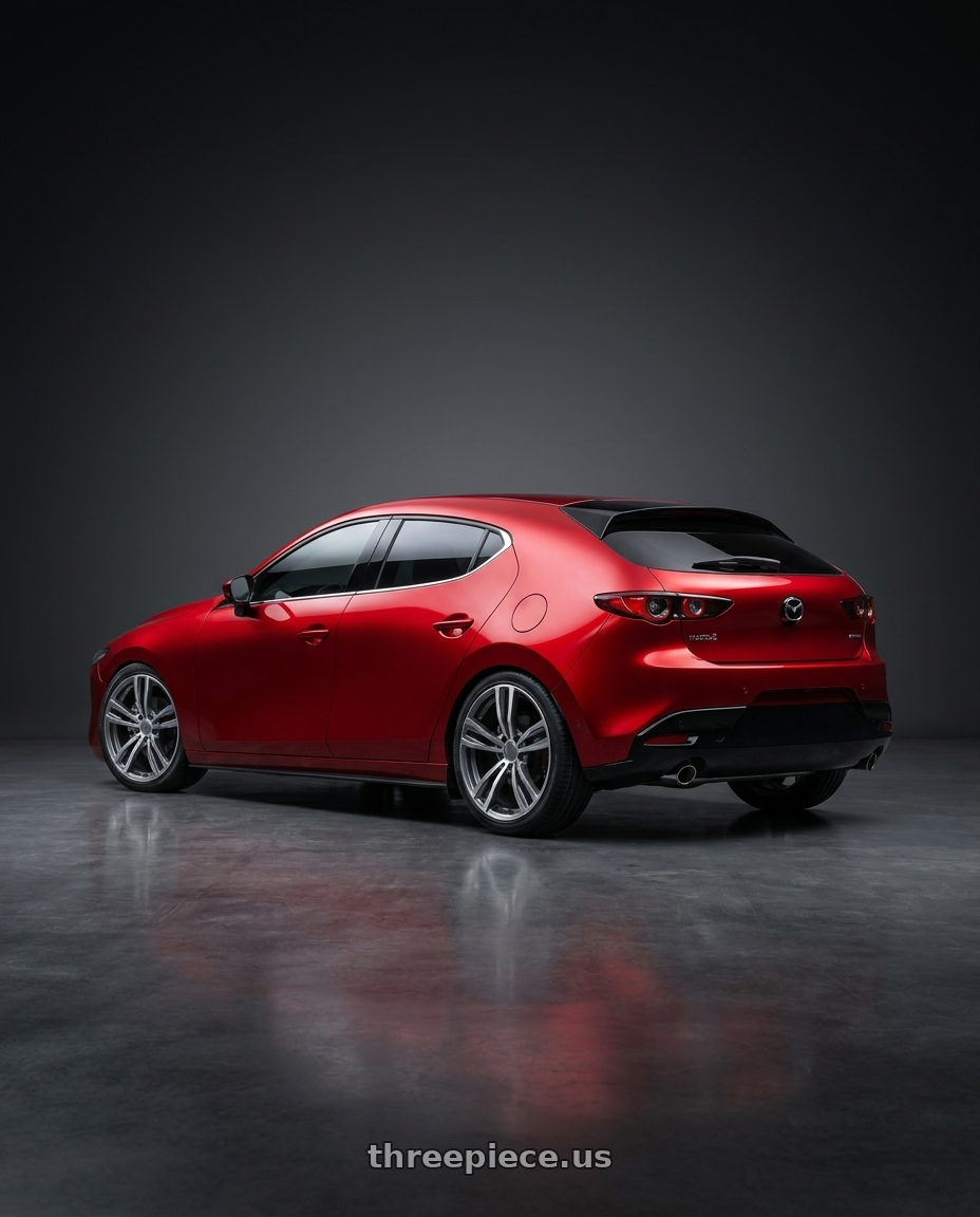 2024 Mazda 3 with REPLICA WHEELS R5056 5x120 19x8.5+35 GREY  / MACHINE wheels rear three quarter view slight stretch tires
