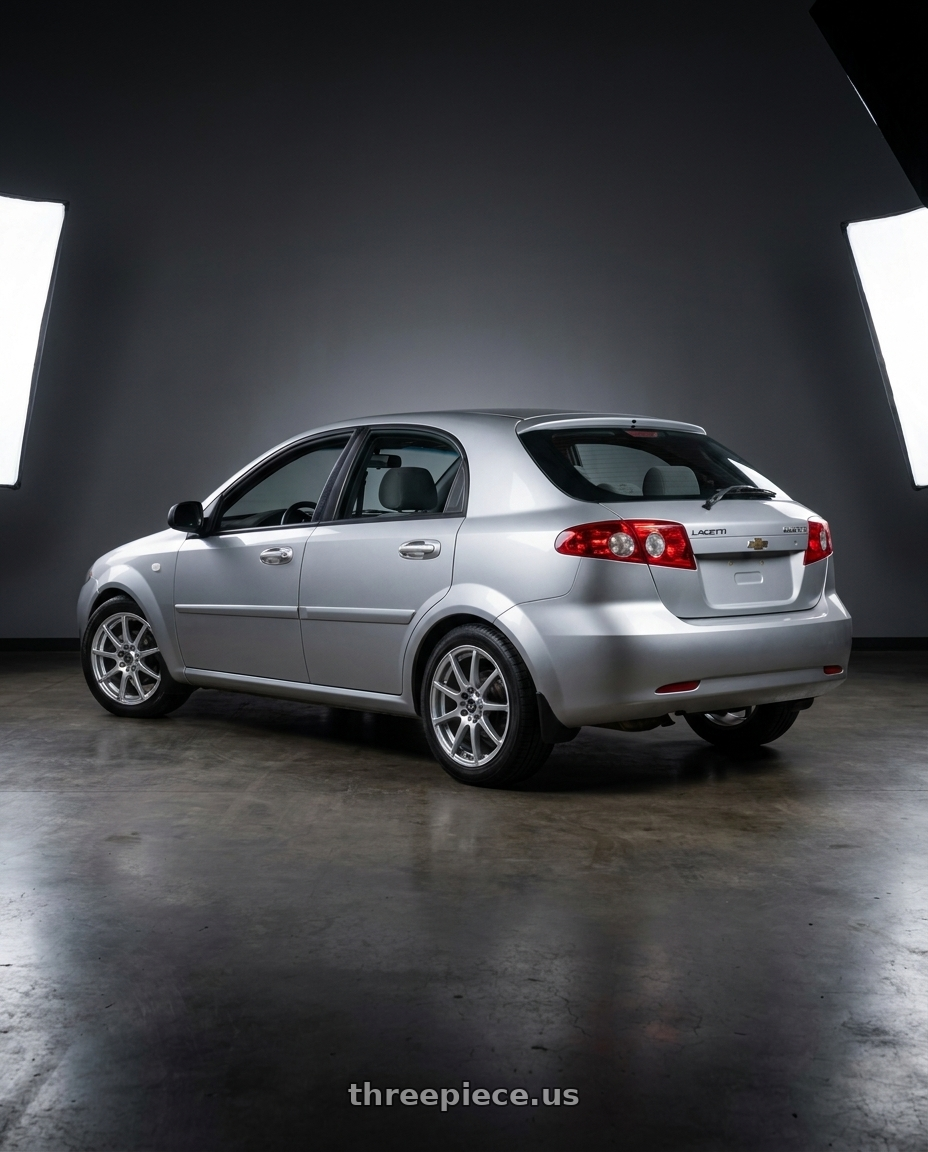 Chevrolet Lacetti в кузове хэтчбек, 2008 года выпуска. Машина серебристого цвета, тонировка окон отсутствует, пластик в салоне чёрного оттенка, сиденья тряпичные серого оттенка, боковые зеркала заднего вида черного цвета, ручки дверей серебристые в цвет кузова. with Enkei EDR9 4x100/114.3 16x7+45 Silver wheels rear three quarter view square tires