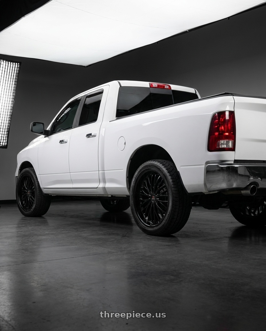 2015 ram 1500 quad cab with Cavallo CLV-42 4x100/4x114.3 18x8 +35 Gloss Black wheels rear three quarter view square tires