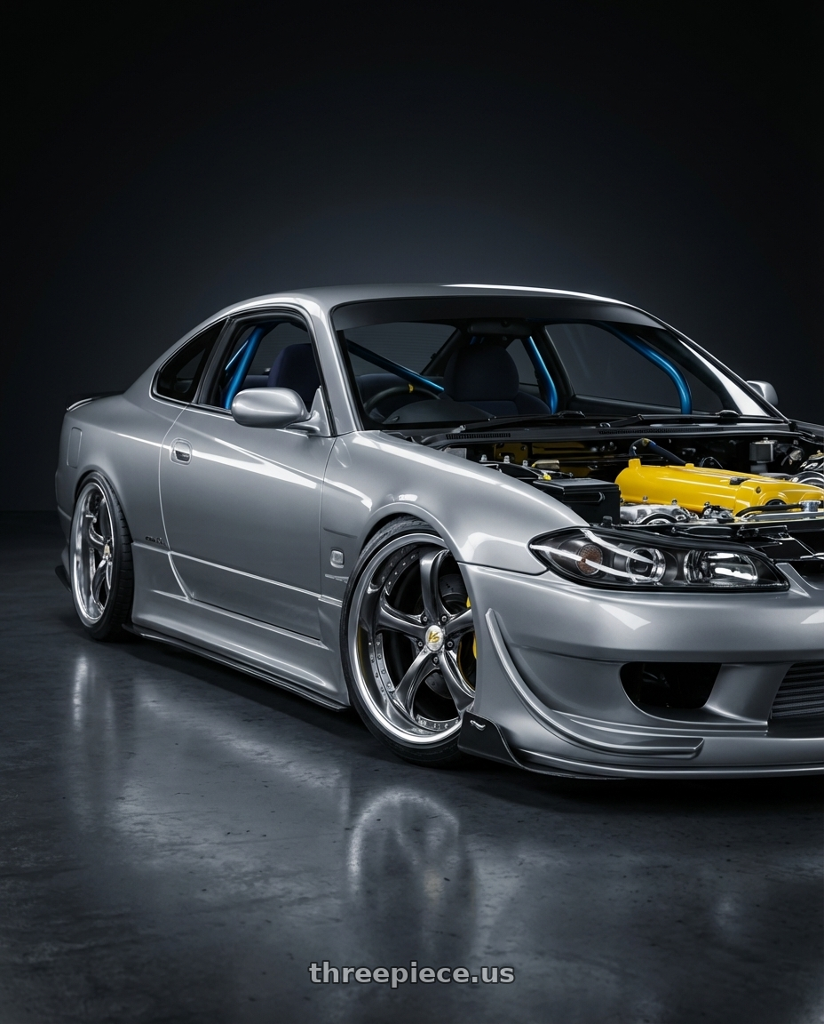 2002 Nissan Silvia s15 with Work Wheels VS-KF 5X114.3 19x9+15 Brilliant Silver Black A Disk FULL REVERSE wheels