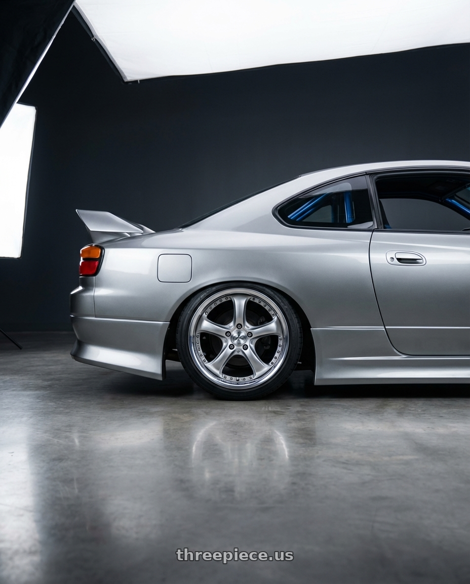 2002 Nissan Silvia s15 with Work Wheels VS-KF 5X114.3 19x9+15 Brilliant Silver Black A Disk FULL REVERSE wheels rear three quarter view slight stretch tires