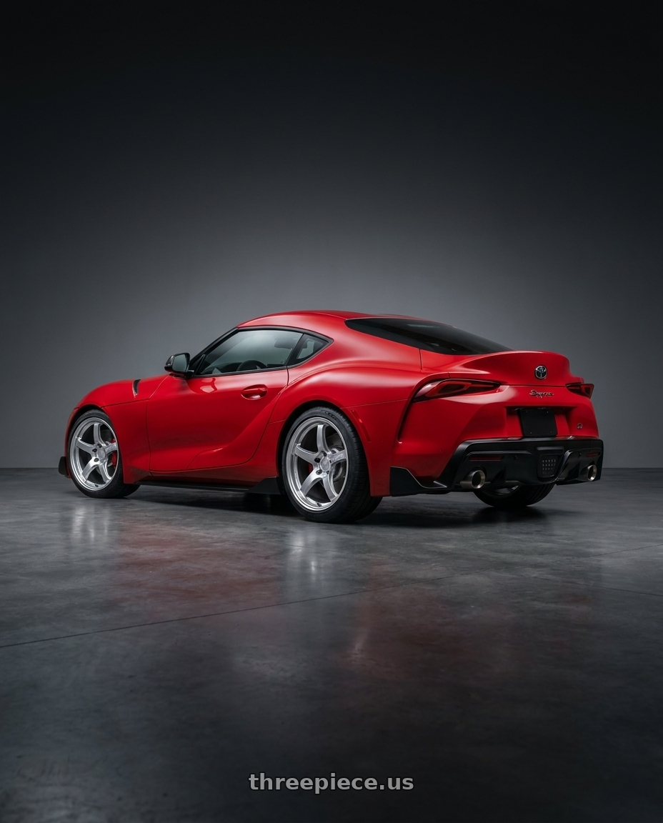 2020 Toyota Supra GR with Gram Lights 57CR 5x112 19x9.5 +25 GRACE SILVER wheels rear three quarter view square tires