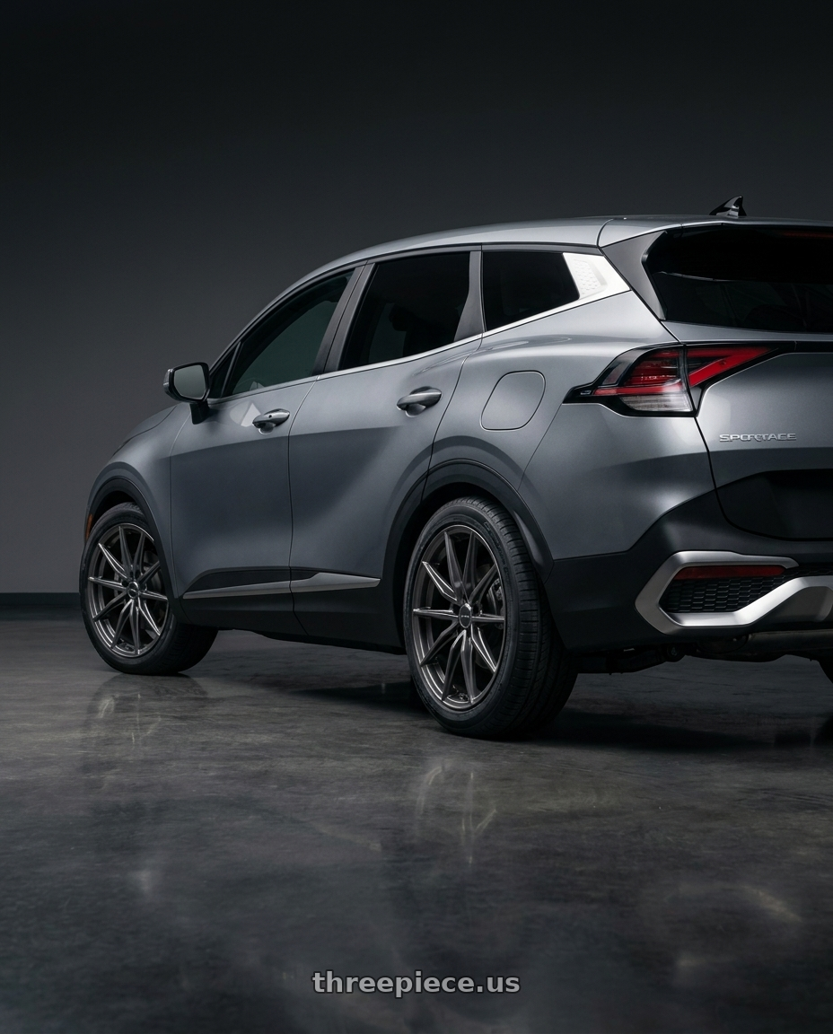 2025 Kia Sportage with Enkei DRACO 5x112 18x8.0+45 Anthracite wheels rear three quarter view square tires