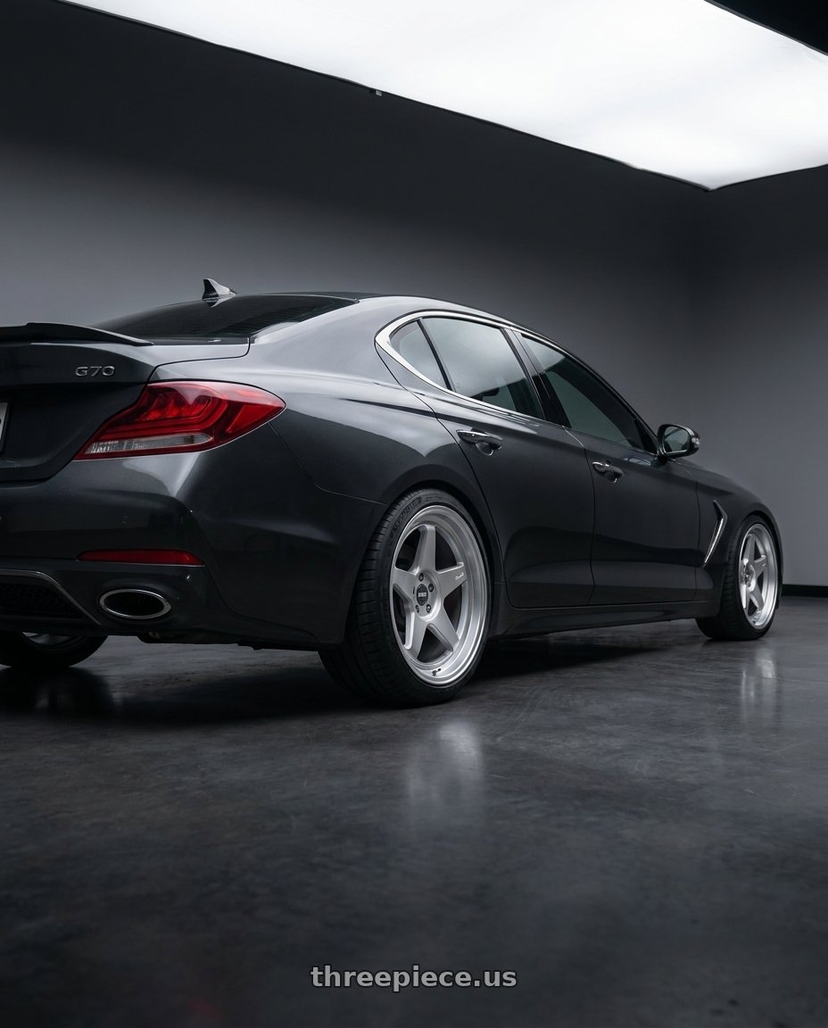 2019 Genesis G70 with ESR Wheels CR SERIES CR5 5x100 18x10.5 +22 Hyper Silver wheels rear three quarter view slight stretch tires