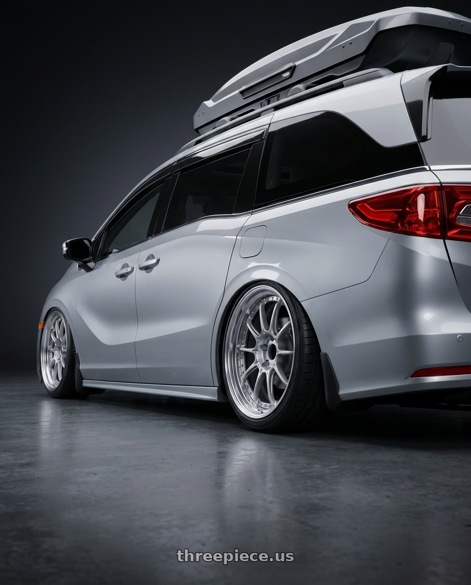 2024 Honda Odyssey with SSR Professor SP5 5x120 20X7+29 MD Disk High Bright Silver wheels rear three quarter view slight stretch tires