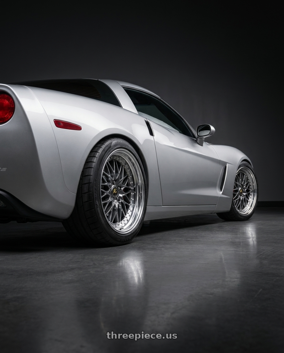 2005 Chevrolet Corvette with Work Vs-Xv 5x100 18x10+53 A Disk Brilliant Silver Black wheels rear three quarter view meaty tires