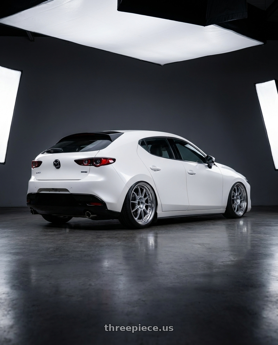 2024 Mazda3 Fastback  with SSR Professor SP5 5X100 18X8.5+25 HP Disk High Bright Silver wheels rear three quarter view slight stretch tires