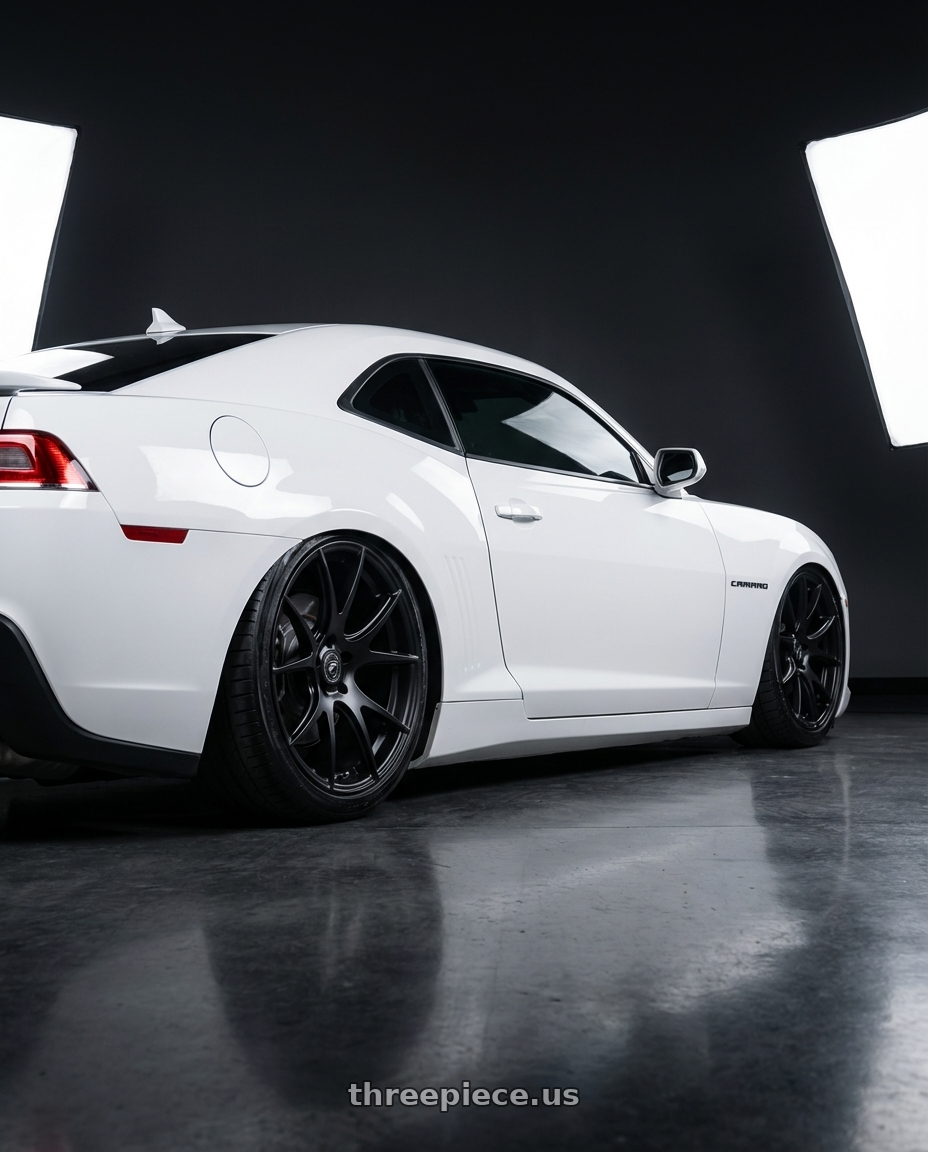 2014 Chevrolet Camaro 5th Gen with Forgestar CF5V 5x120 20x9 +38 Satin Black wheels rear three quarter view slight stretch tires