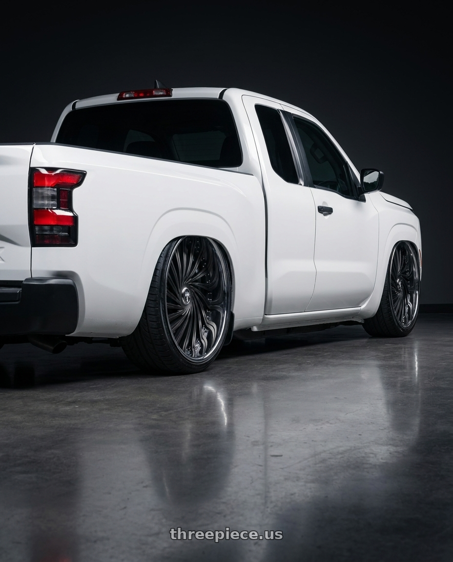 2025 nissan frontier king cab with DUB 2PC S241 DAZED 5X120.65/5X127 28X9 +5 MATTE BLACK DOUBLE DARK TINT wheels rear three quarter view extreme stretch tires