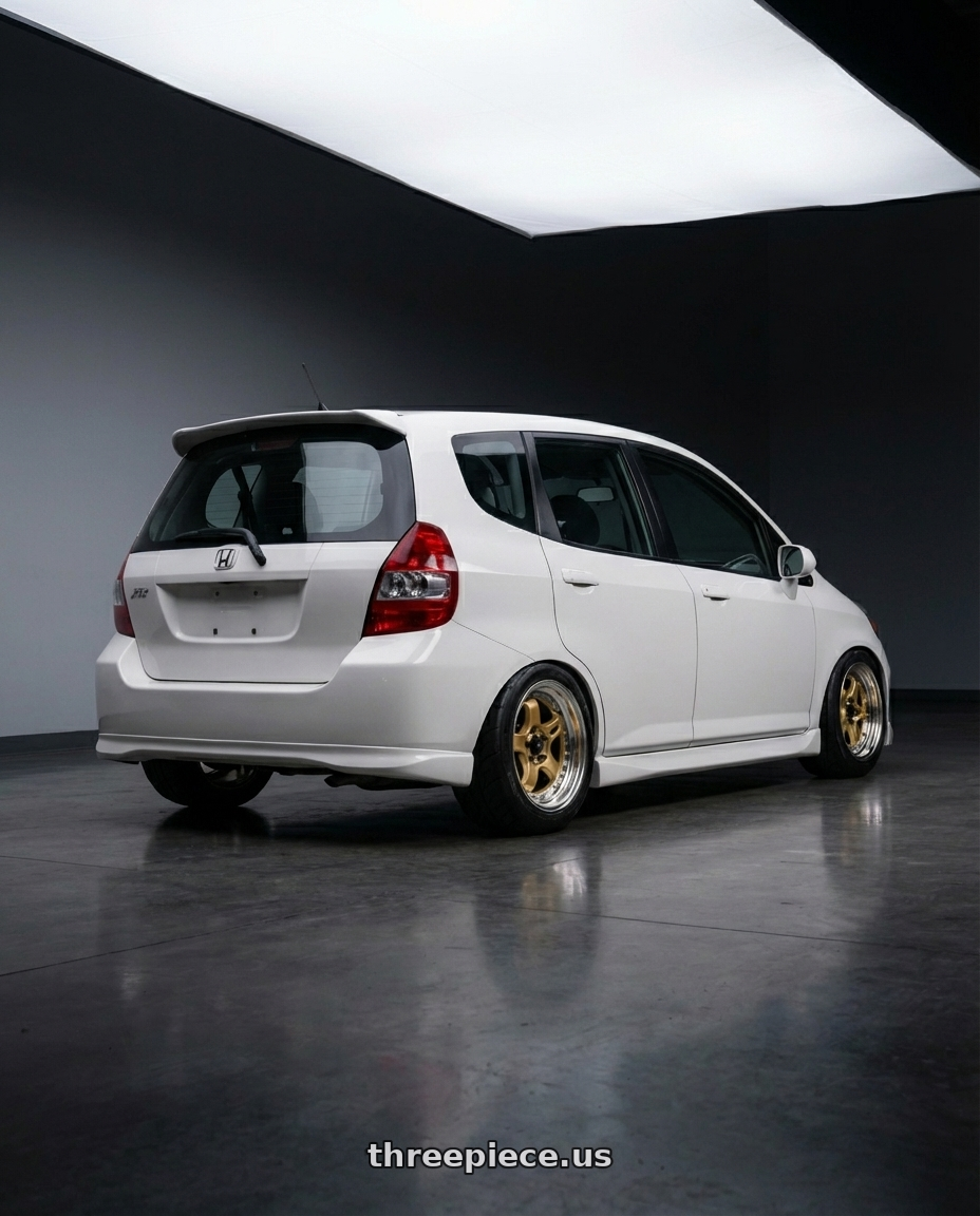 2007 Honda fit  with Work Meister M1 3p 4x100 16x10.5+0 W Disk Titanium Gold wheels rear three quarter view meaty tires