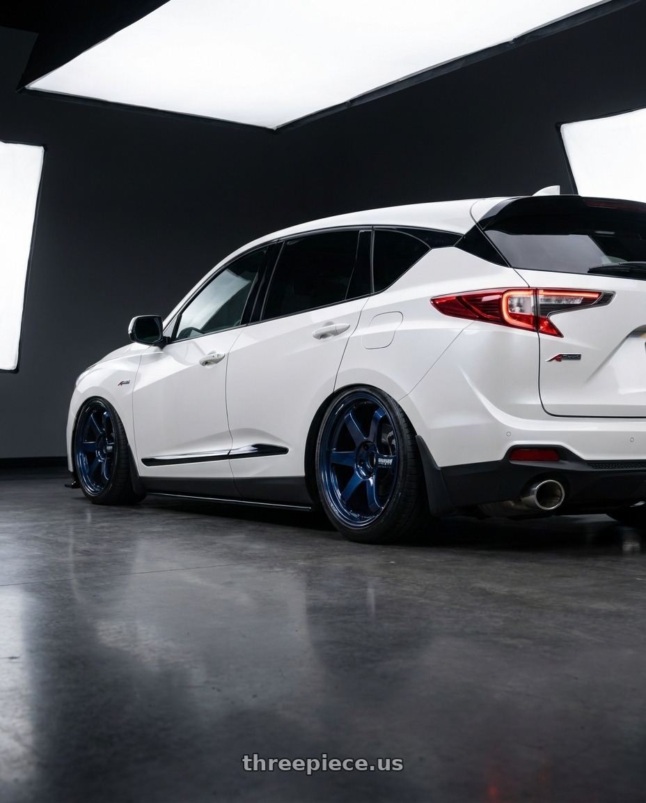 2021 ACURA RDX ASPEC WHITE with Volk Racing TE37 ULTRA M-SPEC 5x114.3 20x9.5 +28 MAG BLUE wheels rear three quarter view square tires