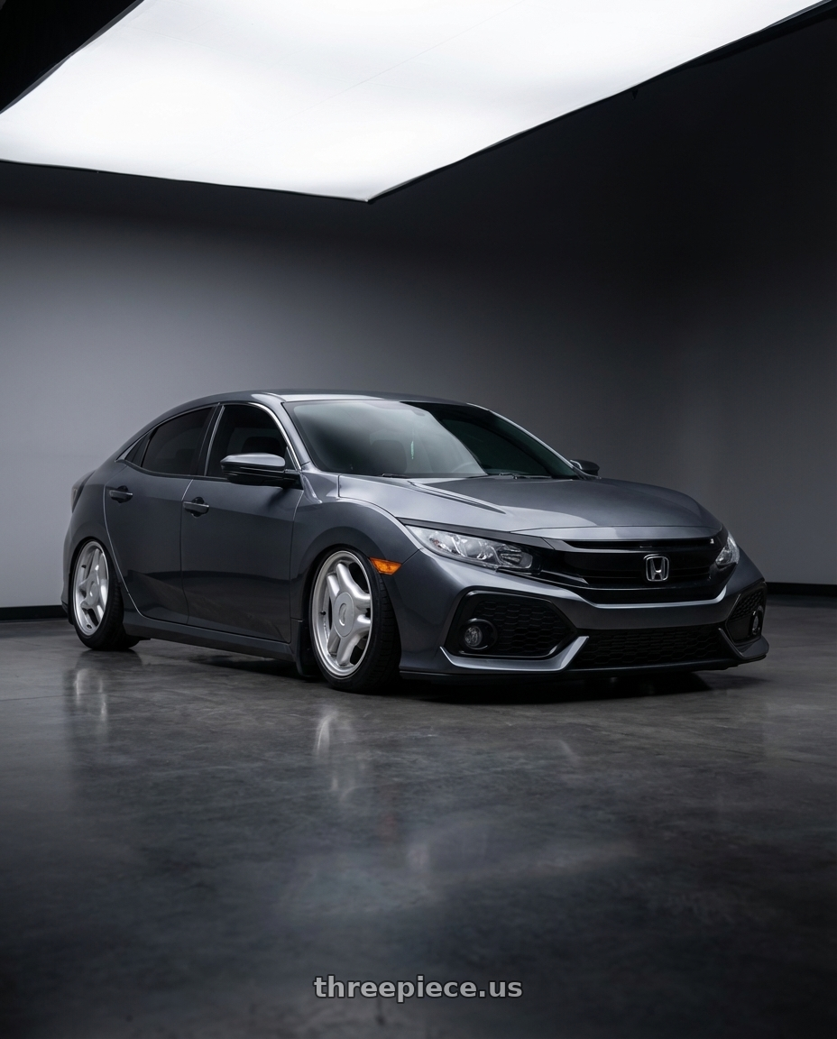 2018 Honda civic  with Kansei K11S Tandem 5x114.3 18x10.5 12 Hyper Silver wheels front three quarter view stanced stance