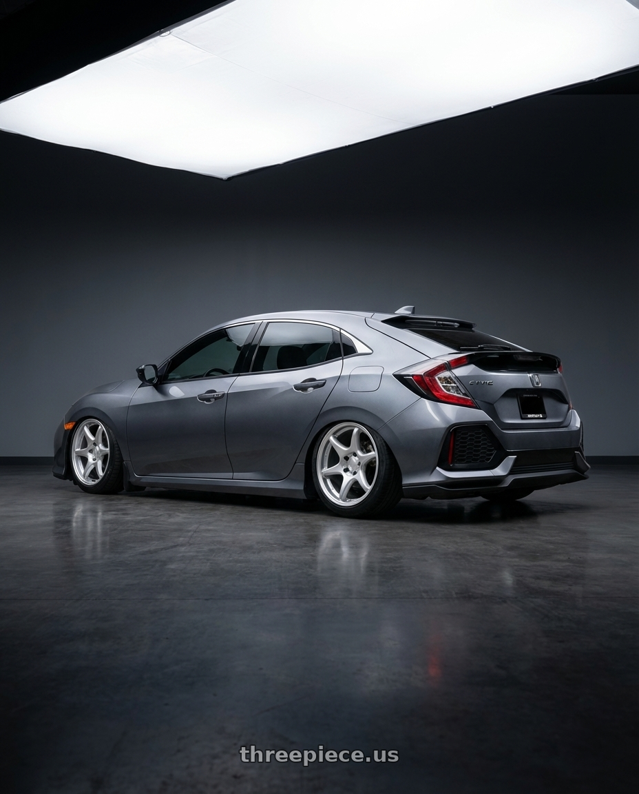 2018 Honda civic  with Kansei K11S Tandem 5x114.3 18x10.5 12 Hyper Silver wheels rear three quarter view slight stretch tires