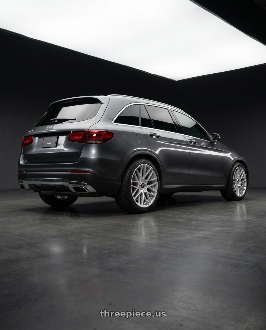2022 Mercedes Glc300 with Rotiform 1PC R140 RSE BLANK 17X8 +30 GLOSS SILVER wheels rear three quarter view square tires