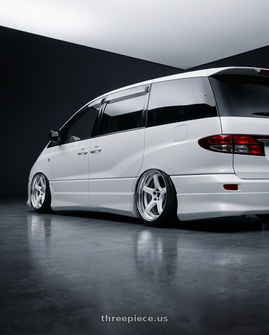 2000 estima acr30w with Work T5R 2P 5x114.3 19x8.0 +38 WHITE wheels rear three quarter view slight stretch tires