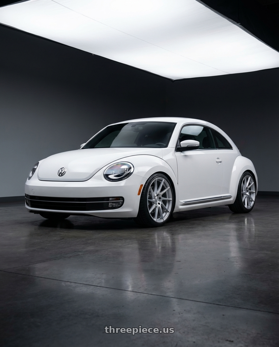 2016 Volkswagen Beetle Turbo with Aodhan AH09 5x112 18x9.5 +35 Gloss Silver Machined Face wheels front three quarter view lowered stance