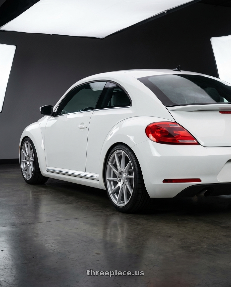 2016 Volkswagen Beetle Turbo with Aodhan AH09 5x112 18x9.5 +35 Gloss Silver Machined Face wheels rear three quarter view square tires