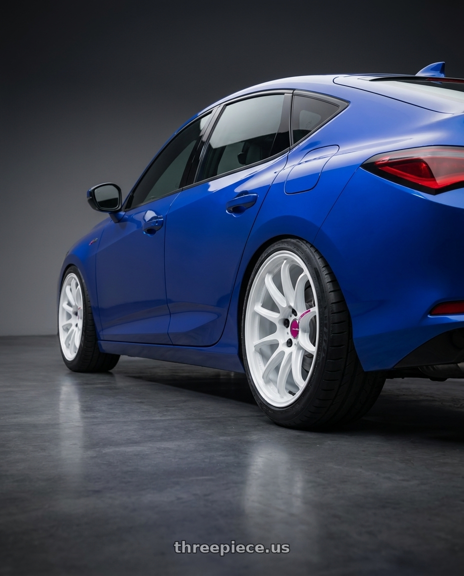 2023 Acura integra aspec with Work Emotion Zr10 5x100 18x9.5 +22 Azure White wheels rear three quarter view meaty tires