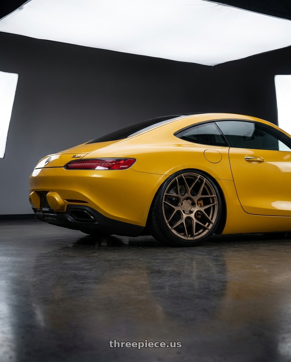 2019 Mercedes-Benz AMG GT with Aodhan AFF2 5x112 20x10.5+35 Matte Bronze wheels rear three quarter view slight stretch tires