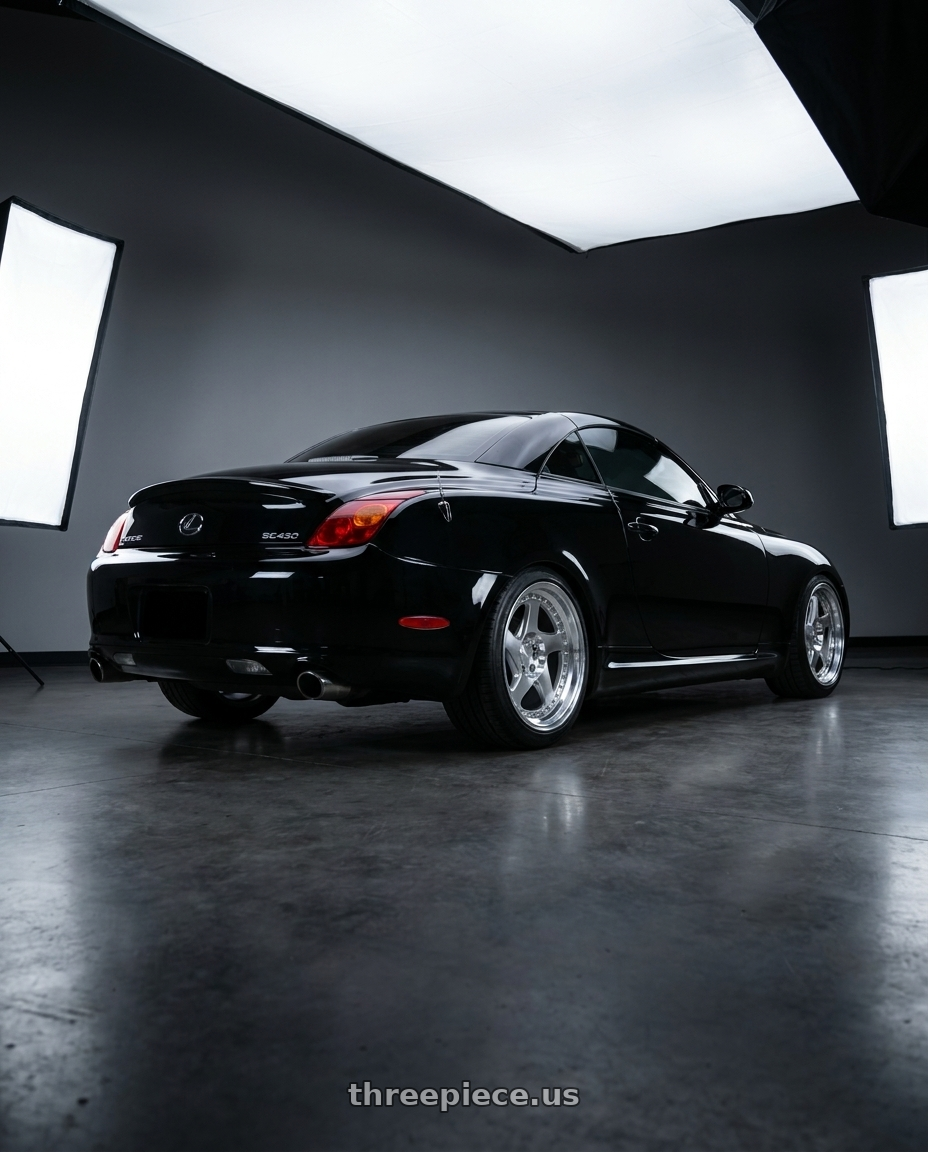 2005 lexus sc430 with Aodhan AH01 5x100 18x9.5+35 Silver w/Machined Face wheels rear three quarter view square tires