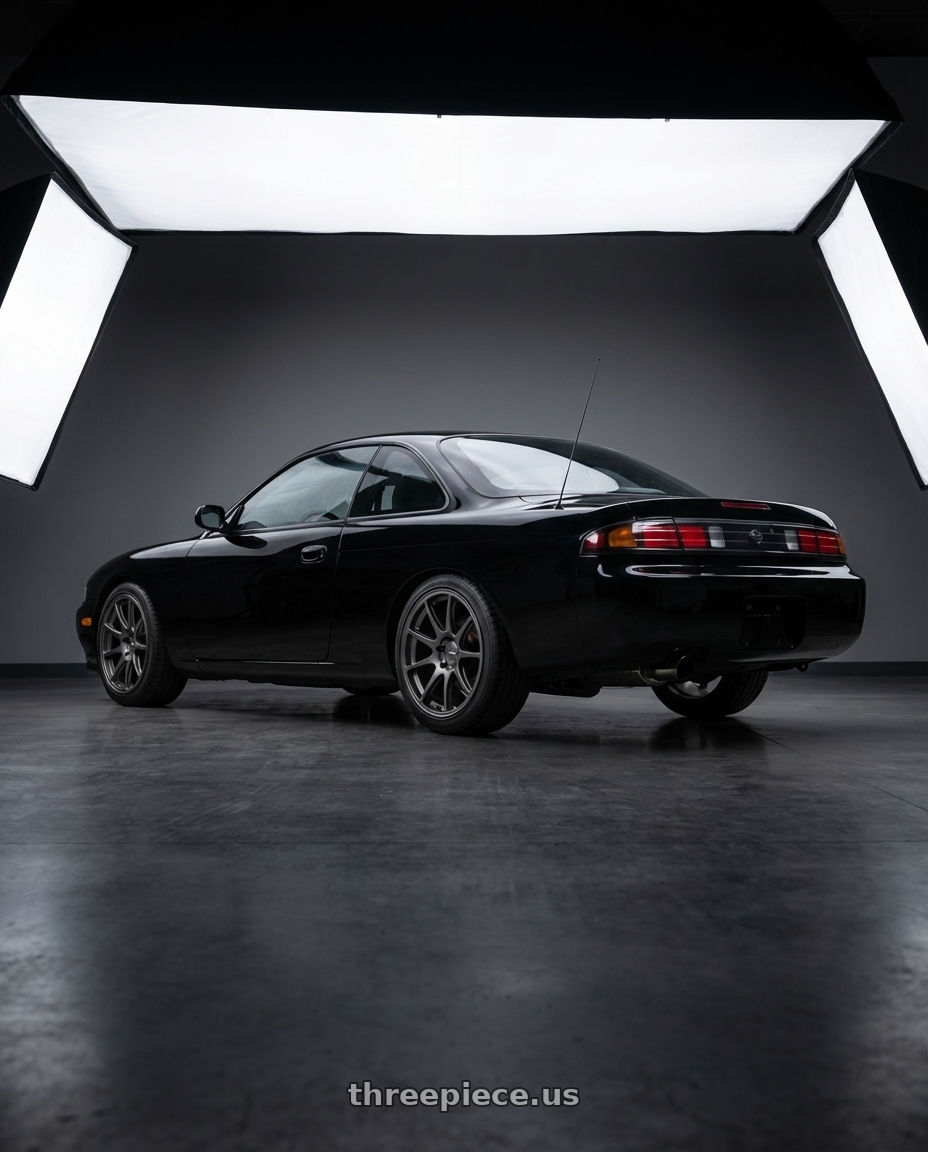 1997 nissan 240sx  with Enkei GTC01-RR 5x114.3 18x9+35 Gunmetallic wheels rear three quarter view square tires